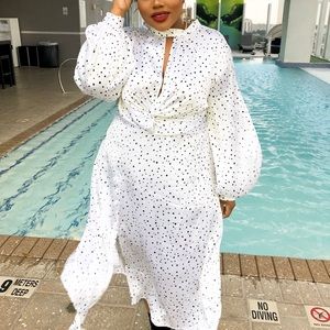 White dress with tiny black polka dots